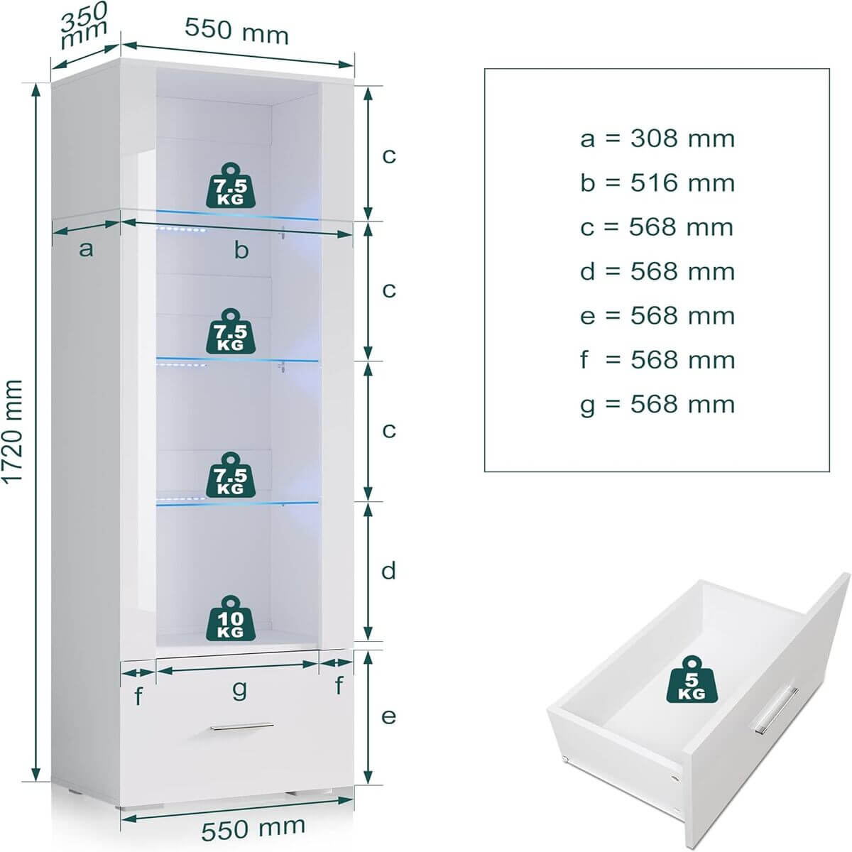 SONNI Vitrine mit LED-Beleuchtung, Glasvitrine mit Schubladen, weiß Hochglanzfront, Sammlervitrine, Vitrinenschrank - Sonni Sanitär GmbH