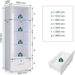 SONNI Vitrine mit LED-Beleuchtung, Glasvitrine mit Schubladen, weiß Hochglanzfront, Sammlervitrine, Vitrinenschrank