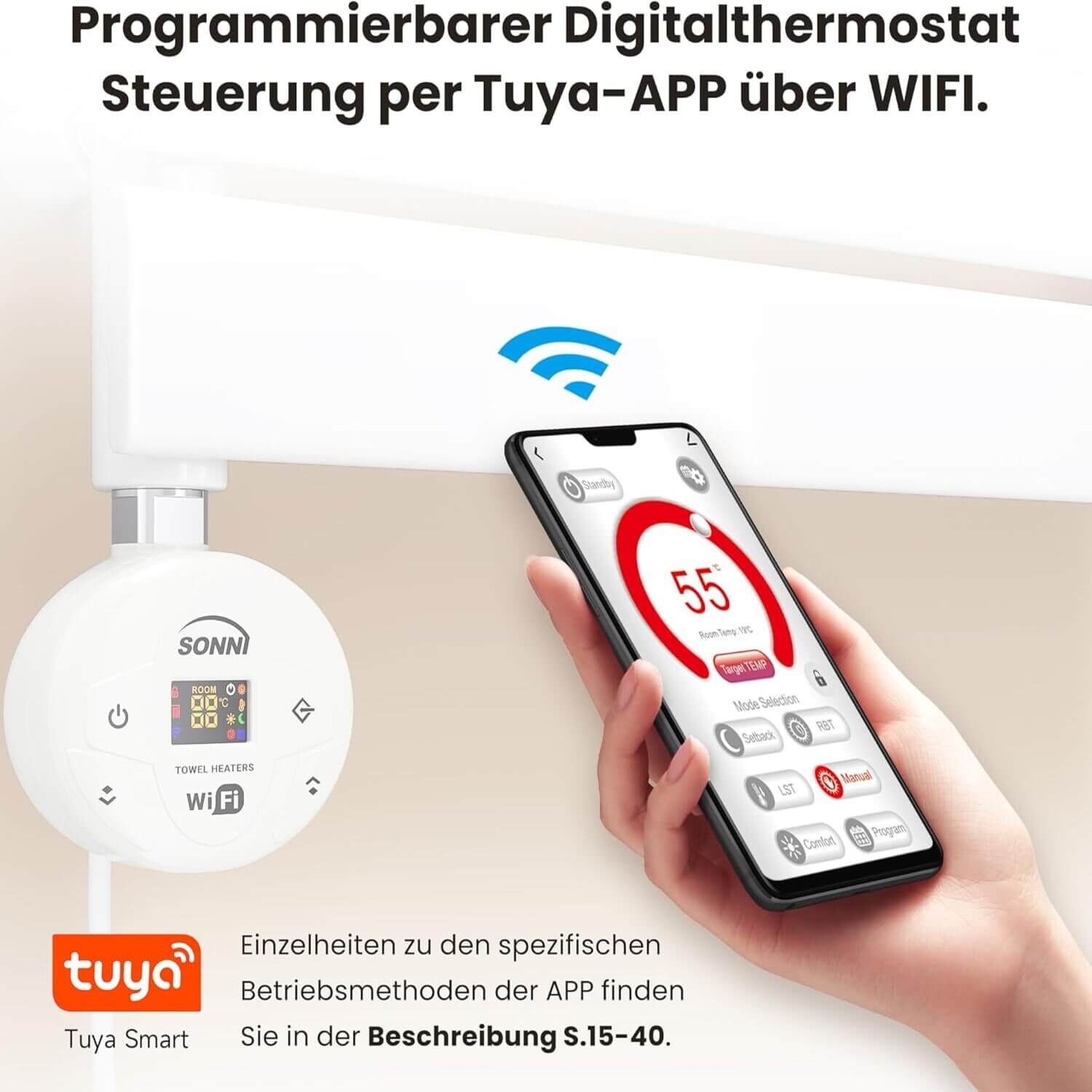 SONNI Smart WIFI elektrischer Heizstab Weiß mit Thermostat Intelleganter Temperaturregelstab für Badheizkörper APP-Steuerung - Sonni Sanitär GmbH