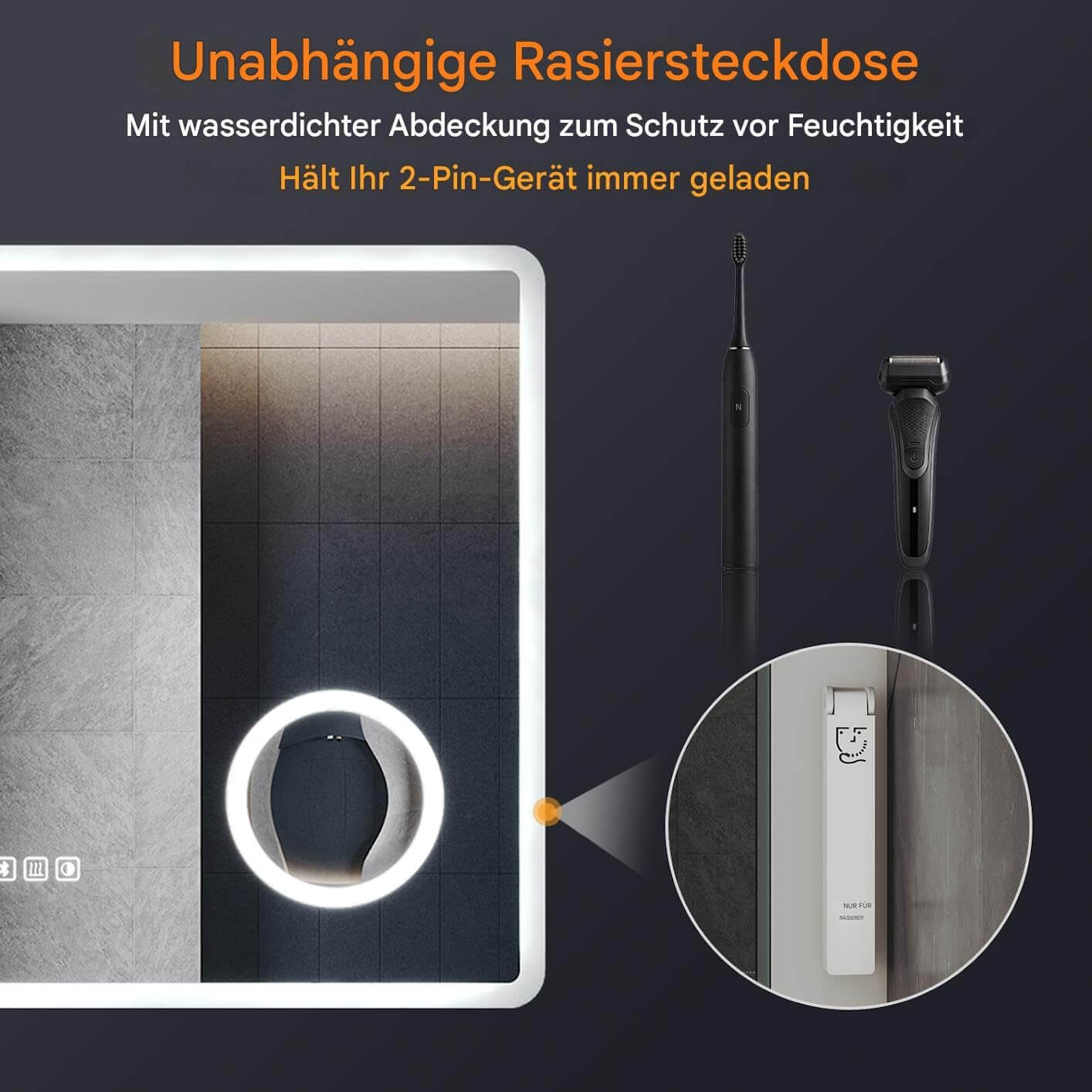 SONNI LED Badspiegel  Wandspiegel Bad mit Beleuchtung, 3 Farbe modi+Stufenlose Dimmung, Steckdose, Bluetooth und 3X Lupe, Kosmetikspiegel mit Anti-Beschlag und Touch-Schalter - Sonni Sanitär GmbH