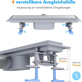 SONNI Duschrinne 40-80 cm, 2 in 1 Edelstahl Ablaufrinne Dusche befliesbar, ABS Basis, 30L Ablaufmenge, mit Geruchsstop, Haarsieb, 8 verstellbare Füße