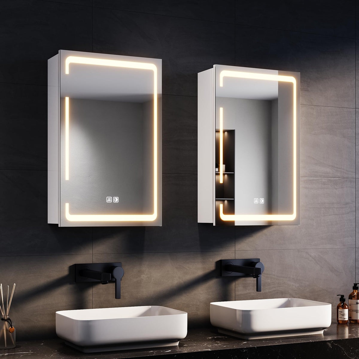 SONNI Spiegelschrank Bad mit Beleuchtung, 3 Lichtfarbe Einstellbar und Beschlagfrei LED Badezimmerschrank mit Kabelloses Scharnier Design Medizinschrank