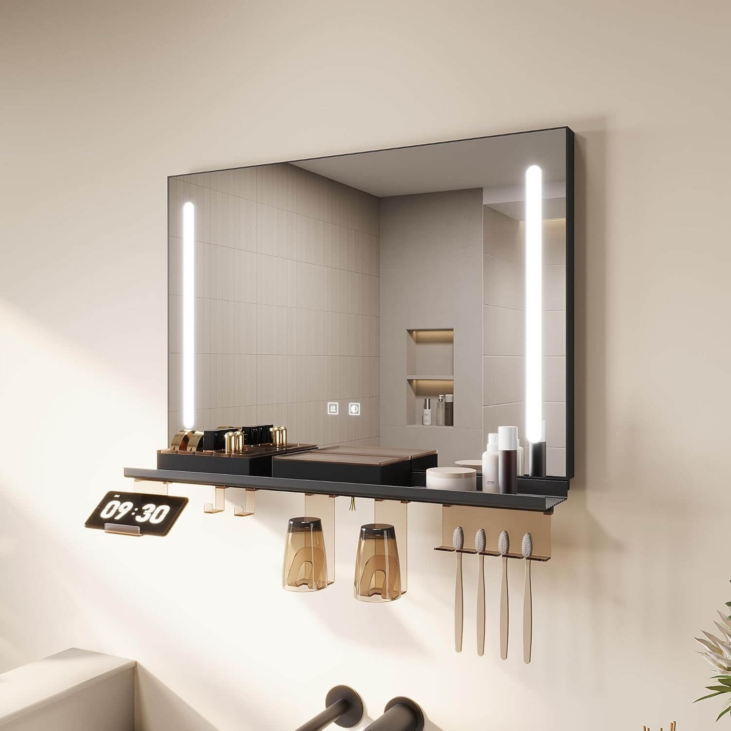 SONNI LED Badspiegel 70x50cm mit Ablage, Touch Badezimmerspiegel 3 Lichtfarben, Anti-Beschlag & Gedächtnisfunktion, Ablage mit Handyhalter + Haken + Zahnbürstenhalter