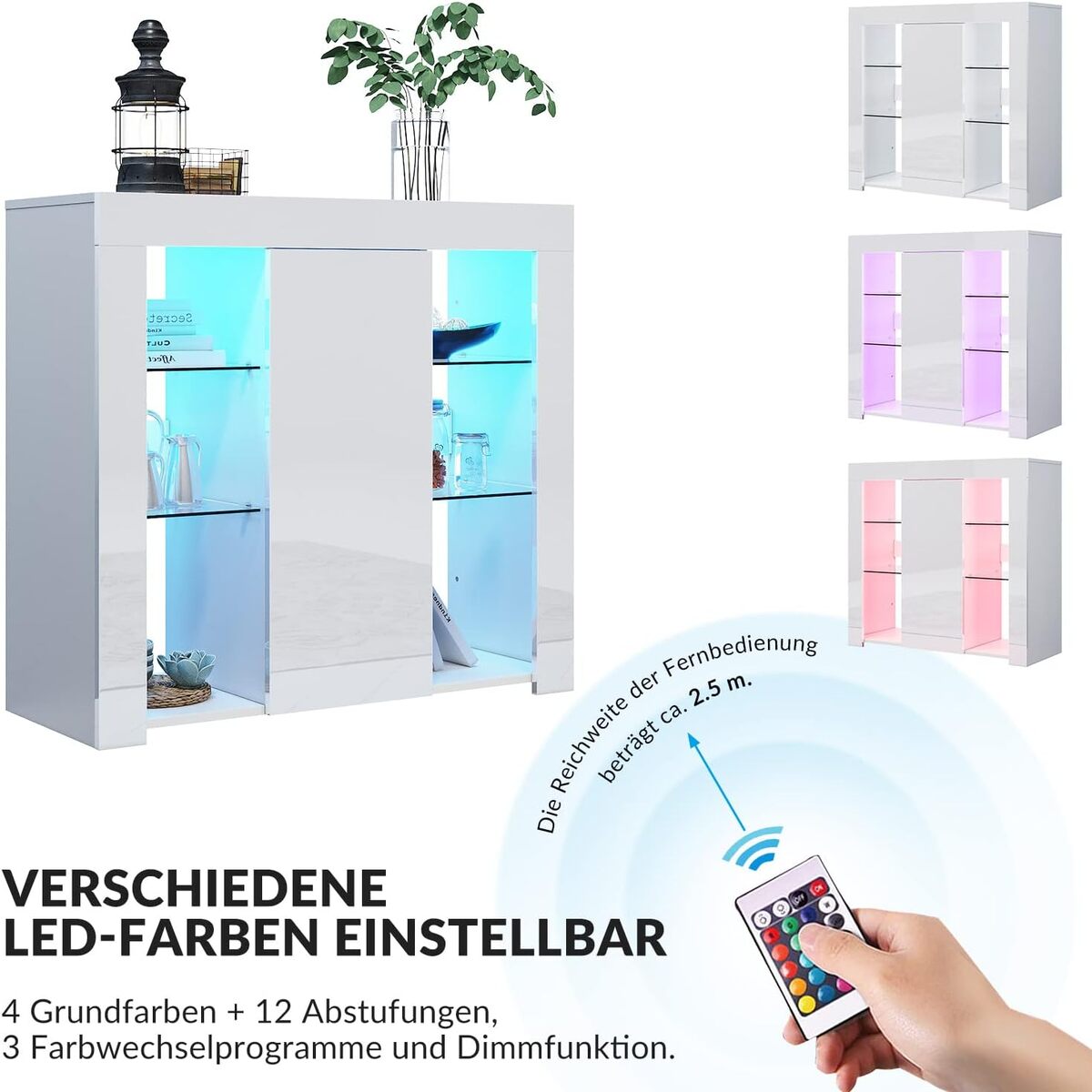 SONNI Sideboard, Küchenschrank, mit LED Beleuchtung(12 Farben können eingestellt Werden) Weiß Hochglanz Aufbewahrungsschrank, für Küche,Wohnzimmer,Esszimmer - Sonni Sanitär GmbH