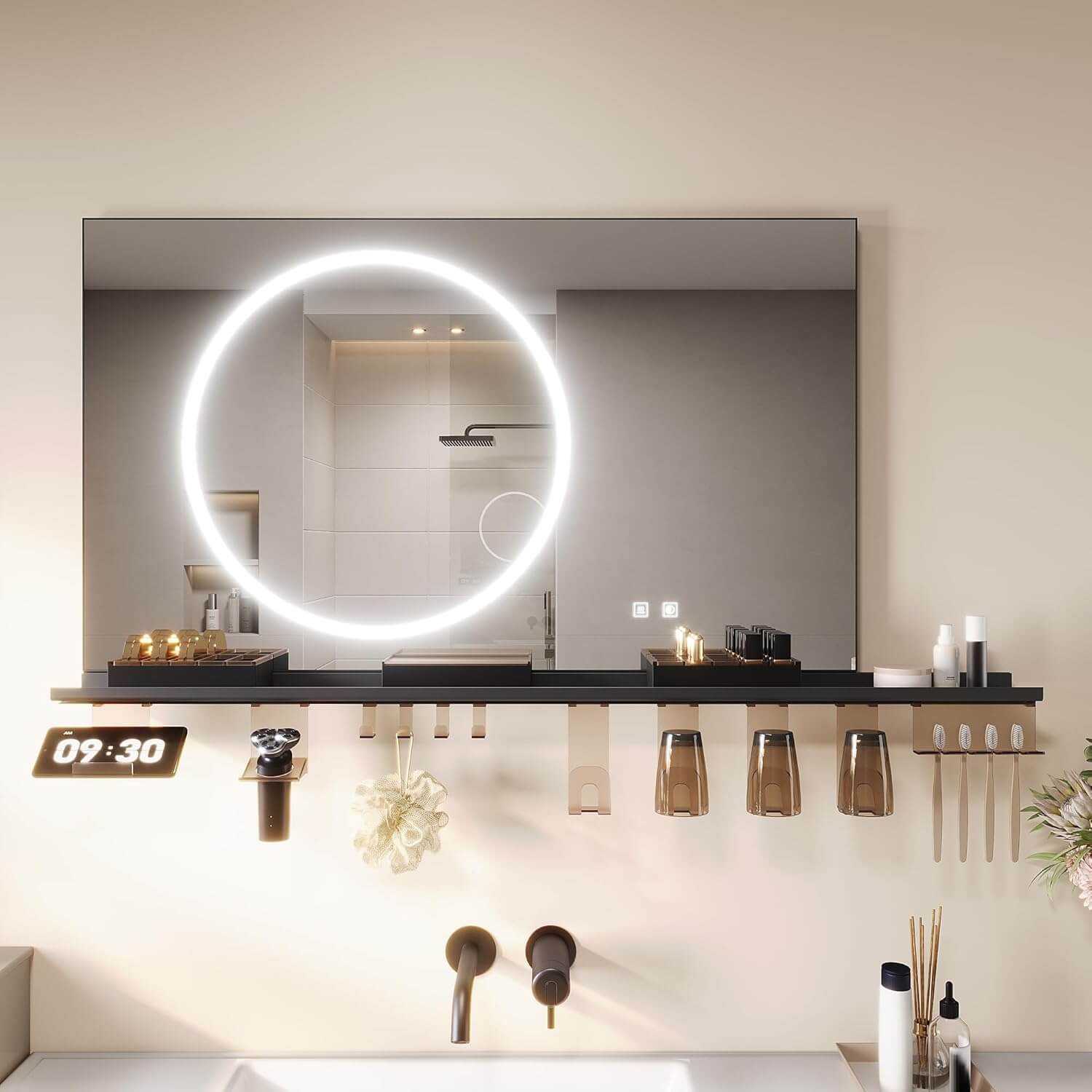 SONNI Badezimmerspiegel mit Beleuchtung 100x60 cm, LED Badspiegel mit Ablage, 3 einstellbare Lichtfarbe + Anti-Beschlag + Touchschalter, Ablage mit Handyhalter + Haken + Zahnbürstenhalter