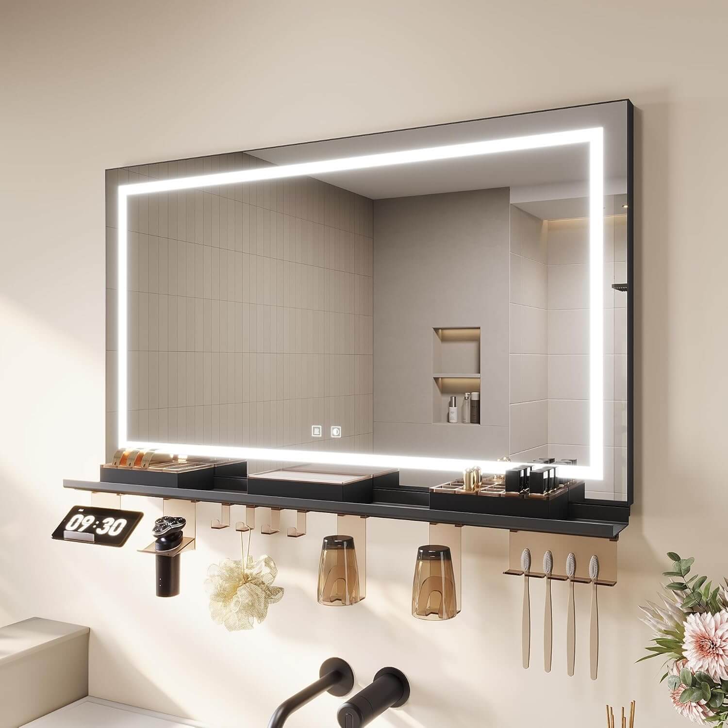 SONNI Badspiegel mit Beleuchtung 100x60cm +  Ablage, Touch Badezimmerspiegel 3 Lichtfarben, Anti-Beschlag & Gedächtnisfunktion