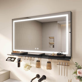 SONNI Badspiegel mit Beleuchtung 100x60cm +  Ablage, Touch Badezimmerspiegel 3 Lichtfarben, Anti-Beschlag & Gedächtnisfunktion