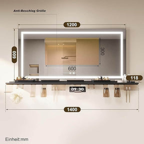 SONNI LED Badspiegel 120x60cm + Ablage, Touch Spiegel mit Beleuchtung, 3 Lichtfarben, Anti-Beschlag & Memory, Ablage mit Handyhalter + Haken + Zahnbürstenhalter + Becherhalter