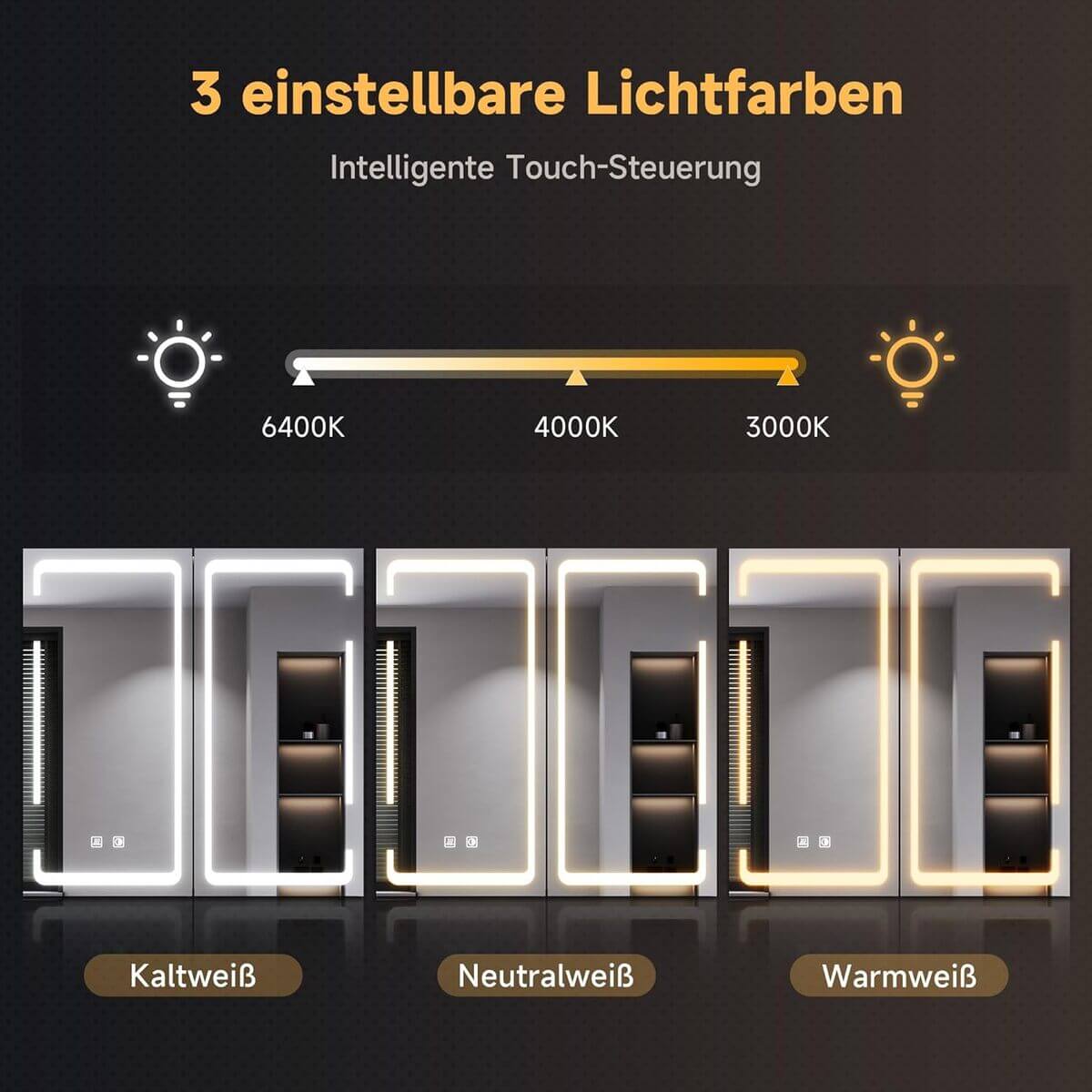 SONNI Spiegelschrank mit Beleuchtung 3 Lichtfarbe Einstellbar und Beschlagfrei 2 Türiger Spiegelschrank mit Kabelloses Scharnier Design und Steckdose