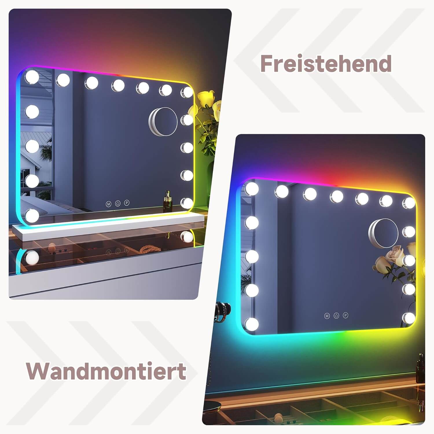 SONNI  Hollywood Spiegel mit RGB Beleuchtung Schminkspiegel mit 3 Farbtemperatur Licht und 10X Abnehmbare Lupe, Wandspiegel, Tischspiegel 58x43cm - Sonni Sanitär GmbH