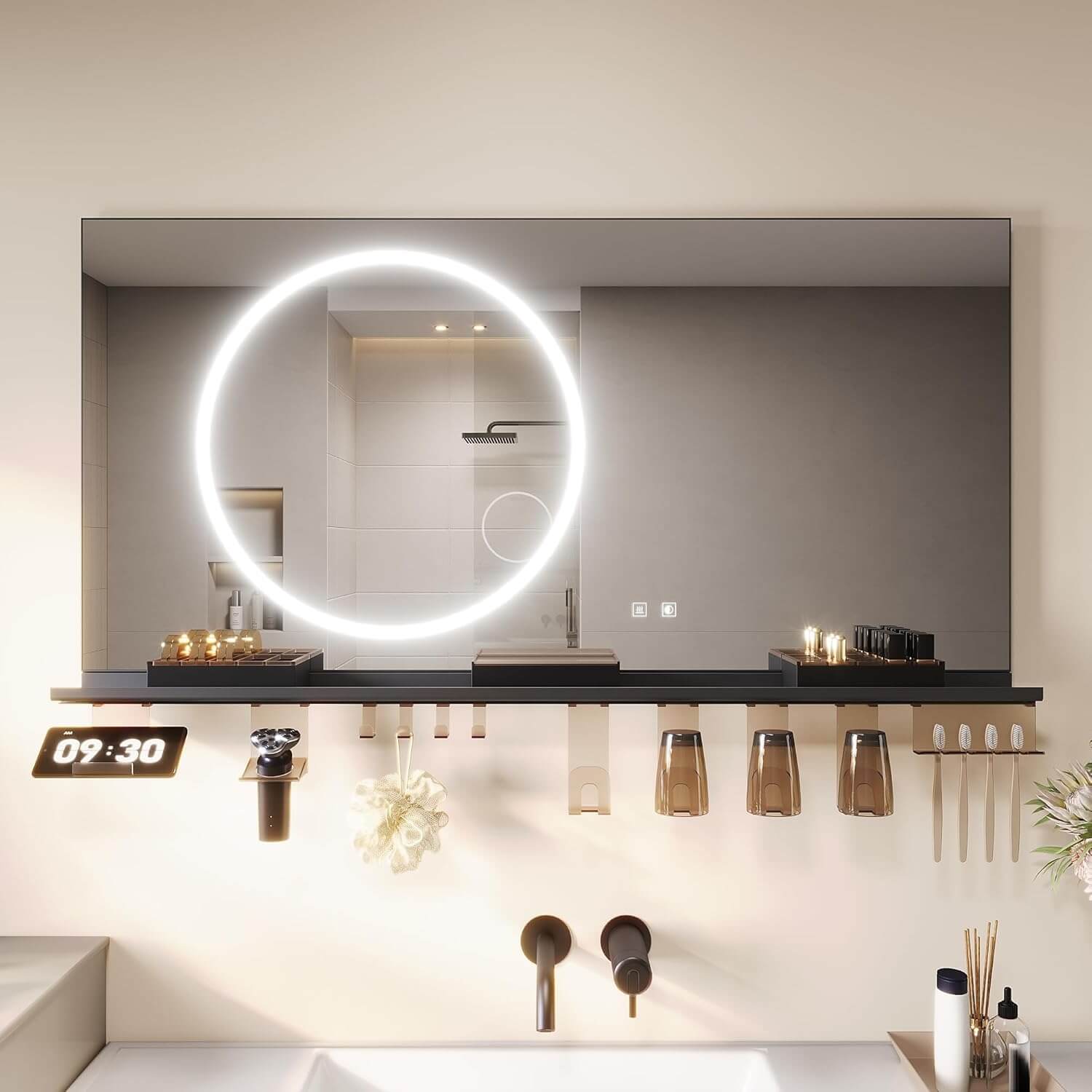 SONNI Badezimmerspiegel mit Beleuchtung 120x60 cm, LED Badspiegel mit Ablage, 3 einstellbare Lichtfarbe + Anti-Beschlag + Touchschalter, Ablage mit Handyhalter + Haken + Zahnbürstenhalte