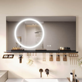 SONNI Badezimmerspiegel mit Beleuchtung 120x60 cm, LED Badspiegel mit Ablage, 3 einstellbare Lichtfarbe + Anti-Beschlag + Touchschalter, Ablage mit Handyhalter + Haken + Zahnbürstenhalte