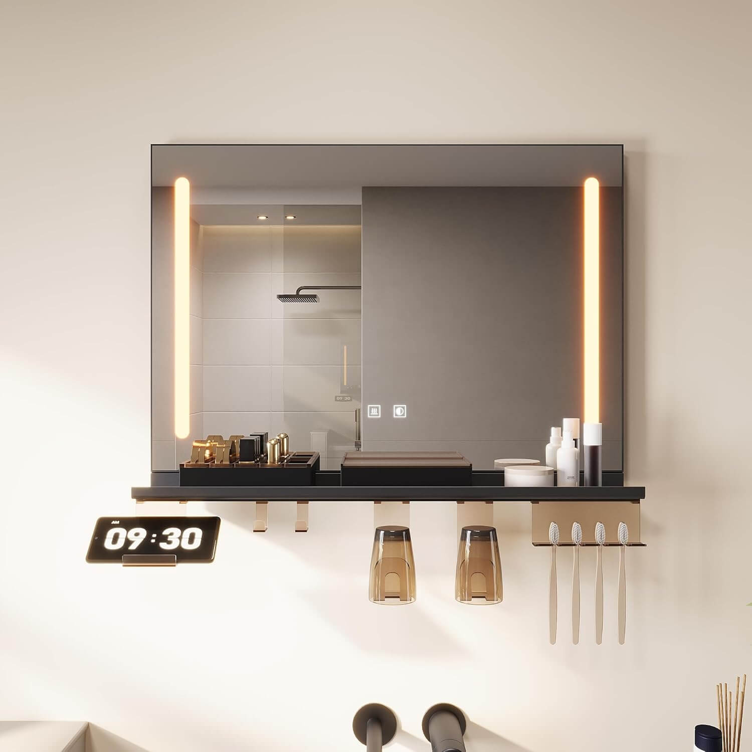 SONNI LED Badspiegel 70x50cm mit Ablage, Touch Badezimmerspiegel 3 Lichtfarben, Anti-Beschlag & Gedächtnisfunktion, Ablage mit Handyhalter + Haken + Zahnbürstenhalter