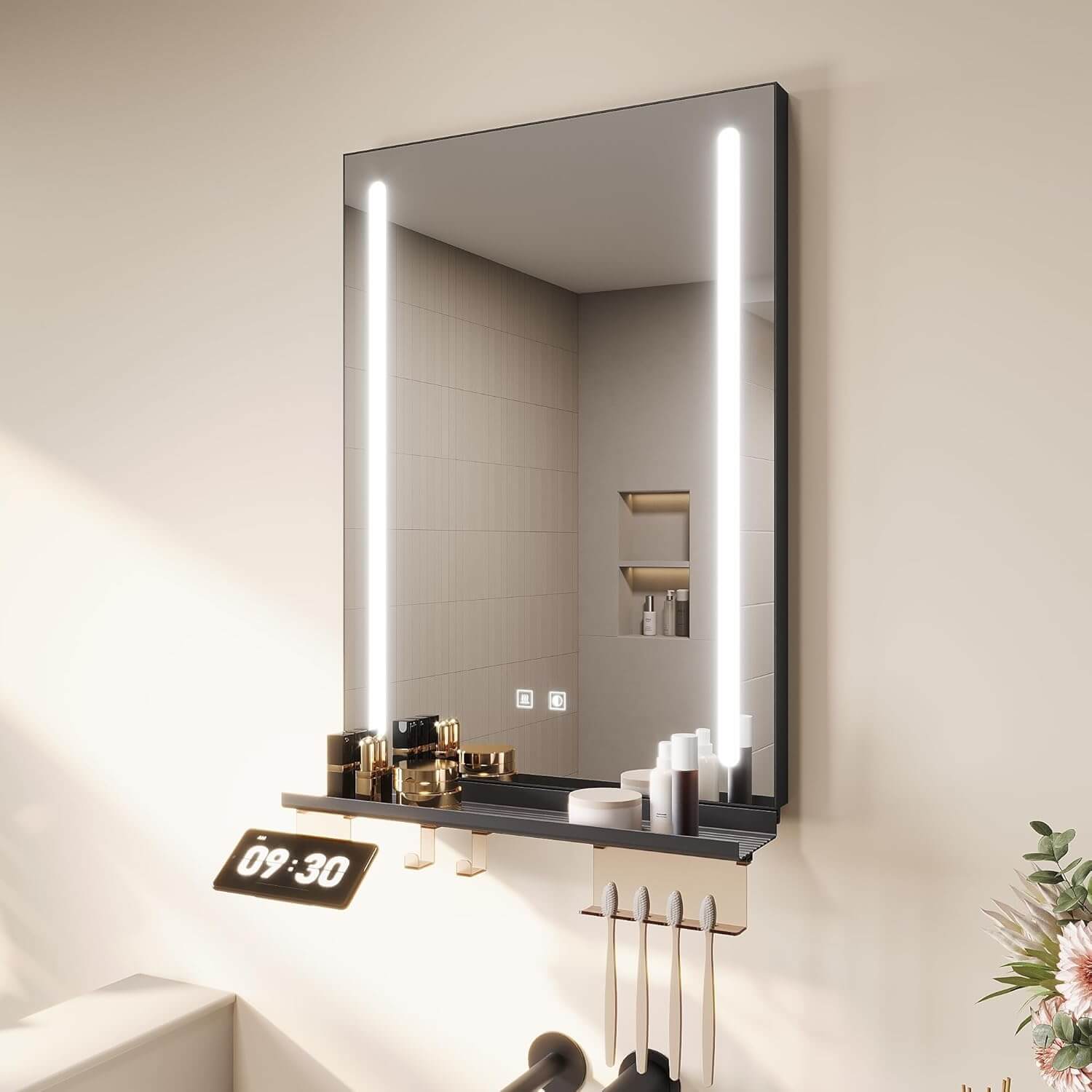 SONNI LED Badspiegel 50x70cm mit Ablage, Touch Badezimmerspiegel 3 Lichtfarben, Anti-Beschlag & Gedächtnisfunktion, Ablage mit Handyhalter + Haken + Zahnbürstenhalter + Becherhalter