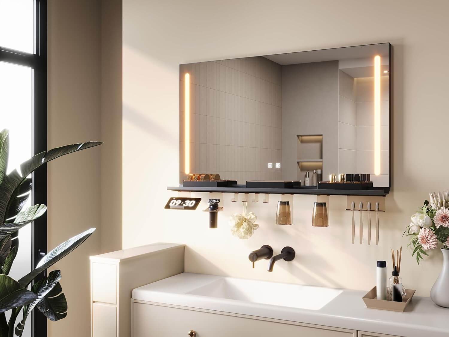 SONNI Badezimmerspiegel mit Beleuchtung 100x60 cm, LED Badspiegel mit Ablage, 3 einstellbare Lichtfarbe, Anti-Beschlag Wandspiegel mit Touchschalter