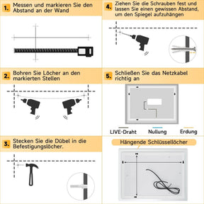 SONNI Badspiegel mit Beleuchtung und Uhr Temperaturanzeige, LED Badspiegel mit Touchschalter 120×60 cm