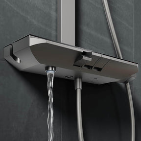 SONNI Duschsystem mit Thermostat (KTW/WRAS) Anthrazit Matt - Digital Temperaturanzeige, 360° Drehbarer Eckiger Kopfbrause (1 Strahlart), Handbrause (3 Strahlarten), Brausestange aus Vierkantrohr, 38°C
