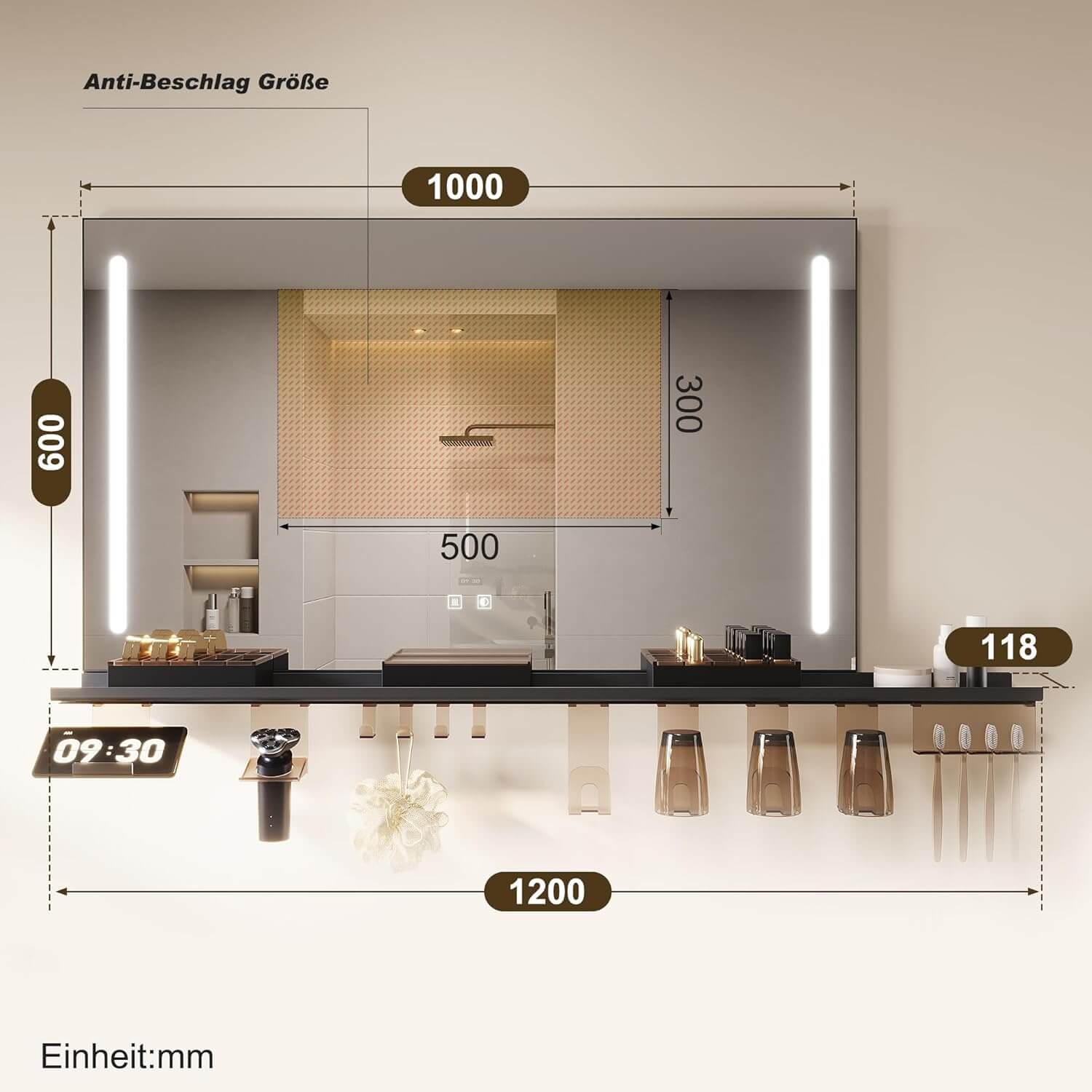 SONNI Badezimmerspiegel mit Beleuchtung 100x60 cm, LED Badspiegel mit Ablage, 3 einstellbare Lichtfarbe, Anti-Beschlag Wandspiegel mit Touchschalter