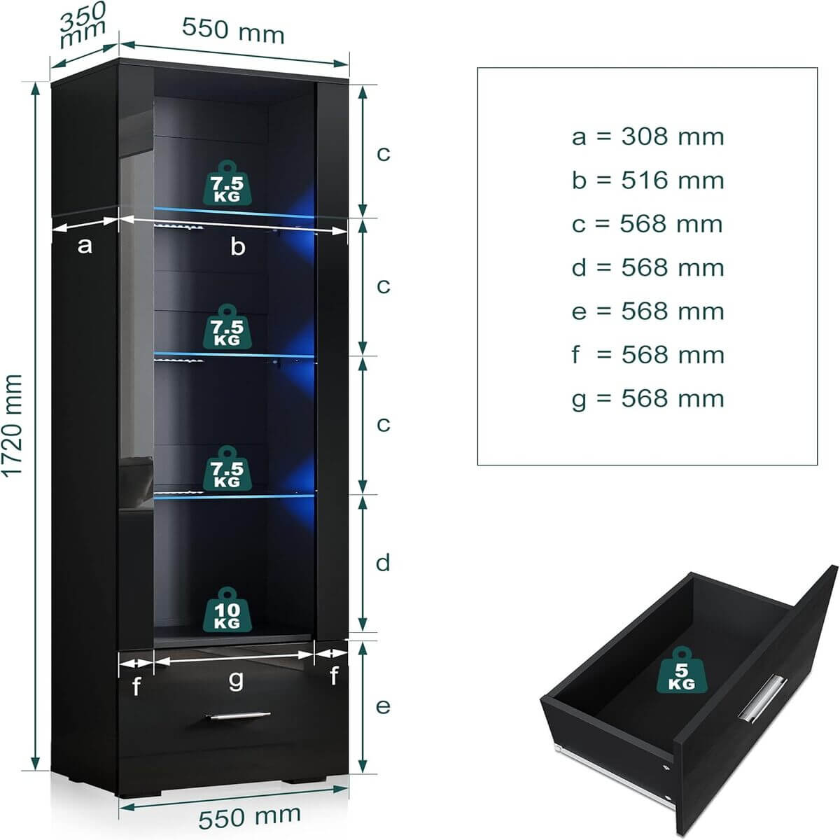 SONNI Vitrine mit LED-Beleuchtung, Glasvitrine mit Schubladen, weiß Hochglanzfront, Sammlervitrine, Vitrinenschrank - Sonni Sanitär GmbH