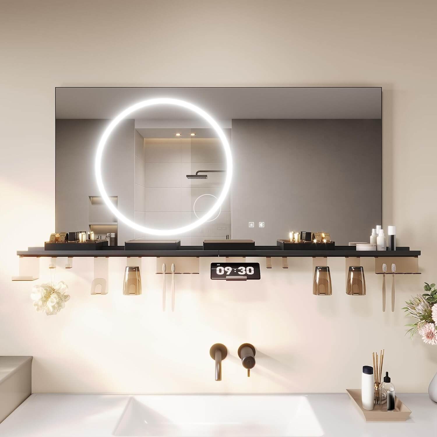 SONNI Badezimmerspiegel mit Beleuchtung 120x60 cm, LED Badspiegel mit Ablage, 3 einstellbare Lichtfarbe + Anti-Beschlag + Touchschalter, Ablage mit Handyhalter + Haken + Zahnbürstenhalte