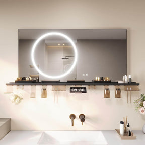 SONNI Badezimmerspiegel mit Beleuchtung 120x60 cm, LED Badspiegel mit Ablage, 3 einstellbare Lichtfarbe + Anti-Beschlag + Touchschalter, Ablage mit Handyhalter + Haken + Zahnbürstenhalte