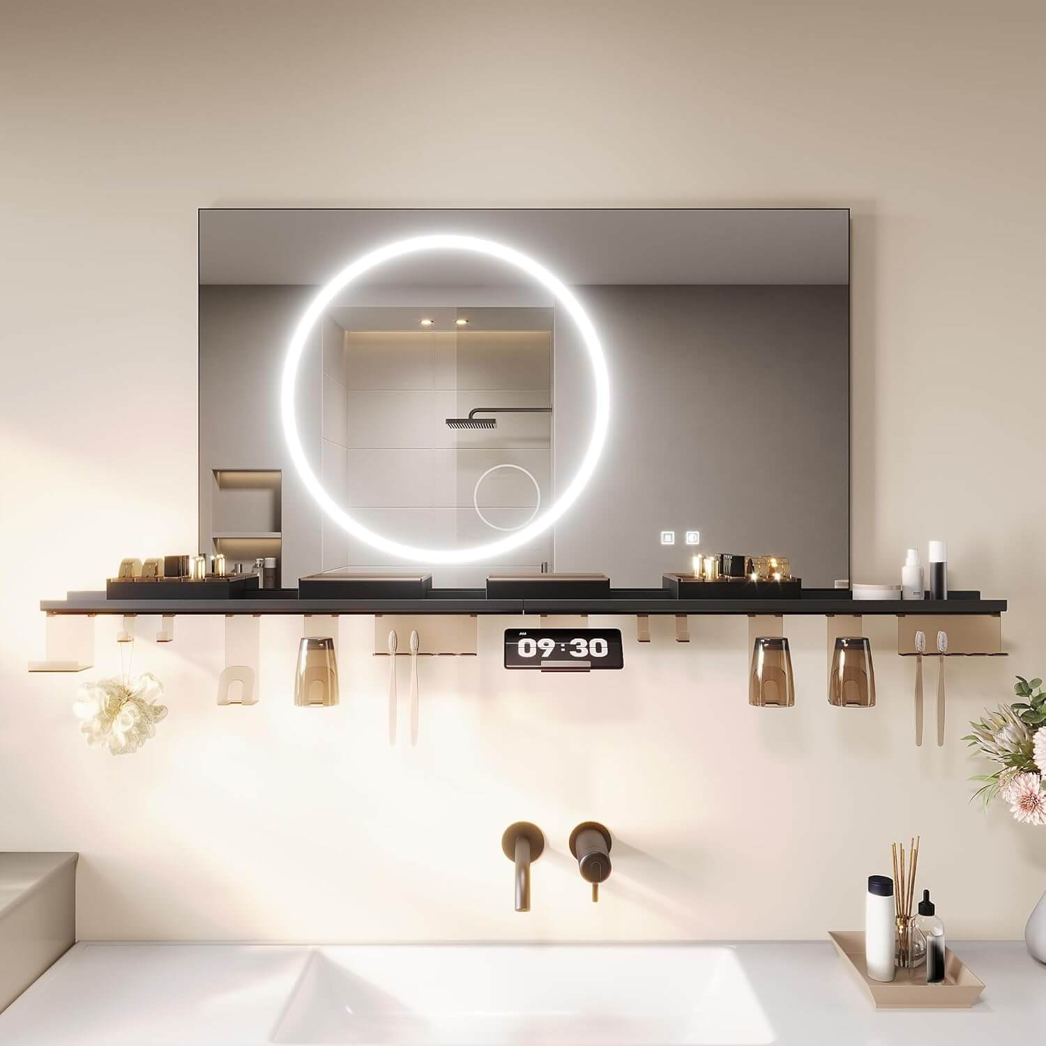 SONNI Badezimmerspiegel mit Beleuchtung 100x60 cm, LED Badspiegel mit Ablage, 3 einstellbare Lichtfarbe + Anti-Beschlag + Touchschalter, Ablage mit Handyhalter + Haken + Zahnbürstenhalter