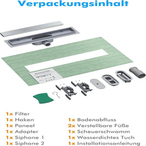 SONNI Duschrinne 40-80 cm, 2 in 1 Edelstahl Ablaufrinne Dusche befliesbar, ABS Basis, 30L Ablaufmenge, mit Geruchsstop, Haarsieb, 8 verstellbare Füße