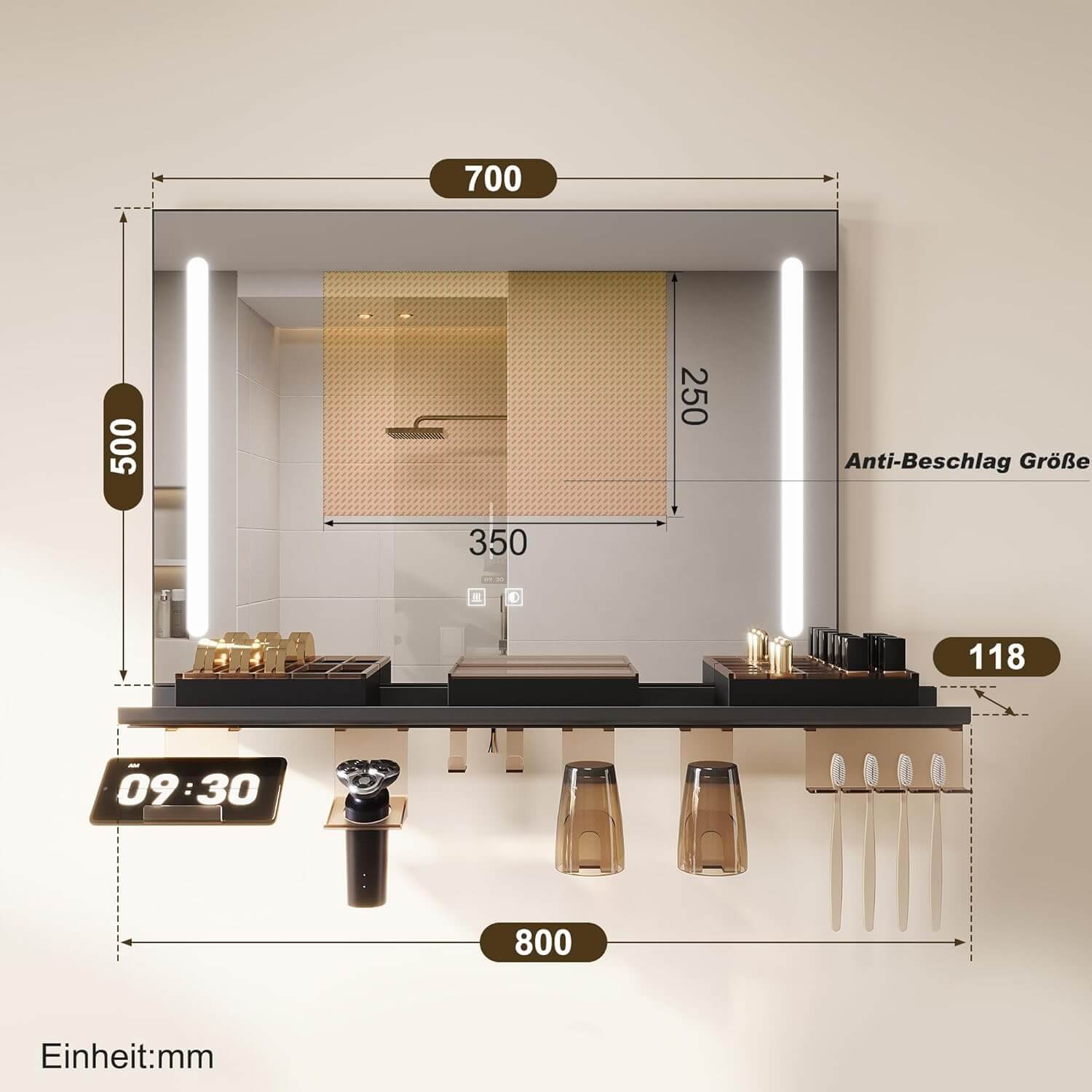 SONNI LED Badspiegel 70x50cm mit Ablage, Touch Badezimmerspiegel 3 Lichtfarben, Anti-Beschlag & Gedächtnisfunktion, Ablage mit Handyhalter + Haken + Zahnbürstenhalter
