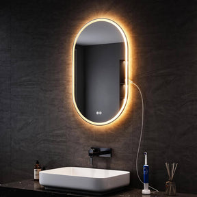 SONNI LED Spiegel  Oval Wandspiegel mit DREI Lichtarten, Antibeschlag, Steckdose und Touch-Schalter, Spiegel Bad mit Beleuchtung Dekorative Wandspiegel Horizontal oder vertikal aufgehängt - Sonni Sanitär GmbH