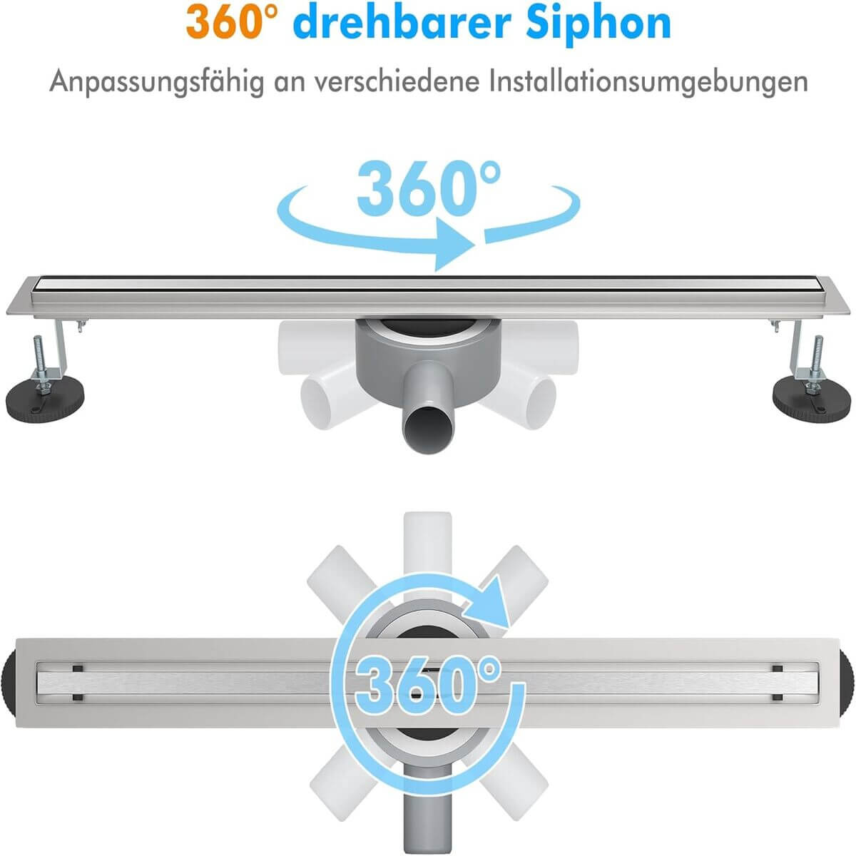 SONNI Edelstahl Duschrinne 30-100cm, Komplettset Ablauf 360° Drehbar, Schlank Schmal 15 mm Platte, mit Geruchsstop, Haarsieb - Randablauf