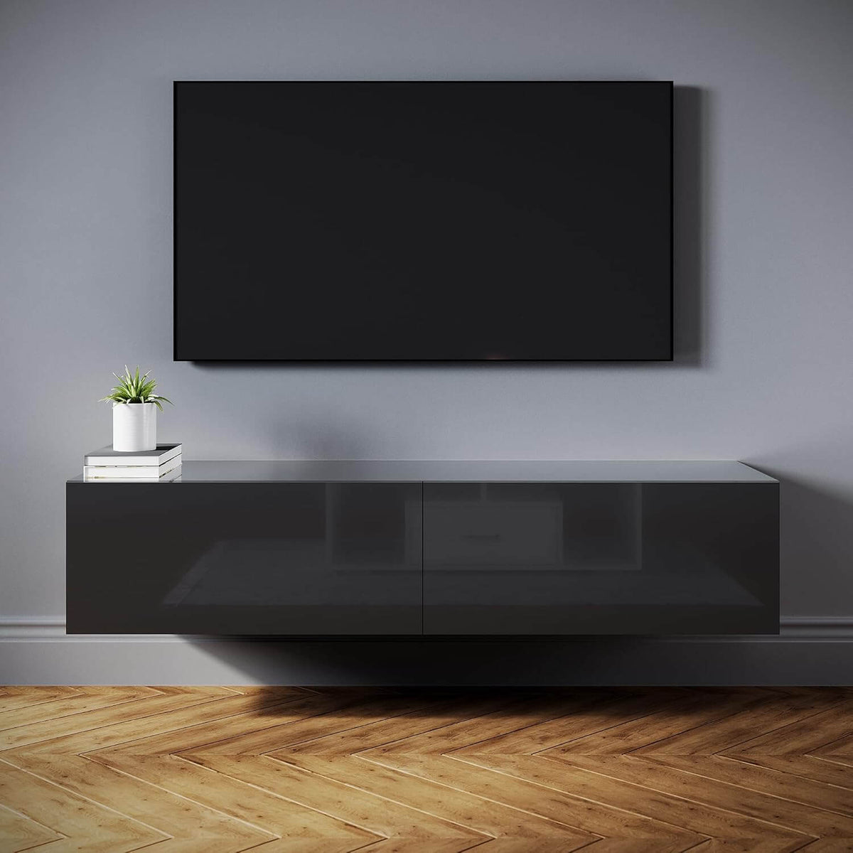 SONNI TV-Schrank Modern 140cm, Lowboard Hochglanz Schwarz Hängend/Stehend, TV-Regal mit 2 Schublade, 2 Türen, Griffloses, Fernsehtisch für Fernseher bis 65 Zoll Wohnzimmer & Schlafzimmer
