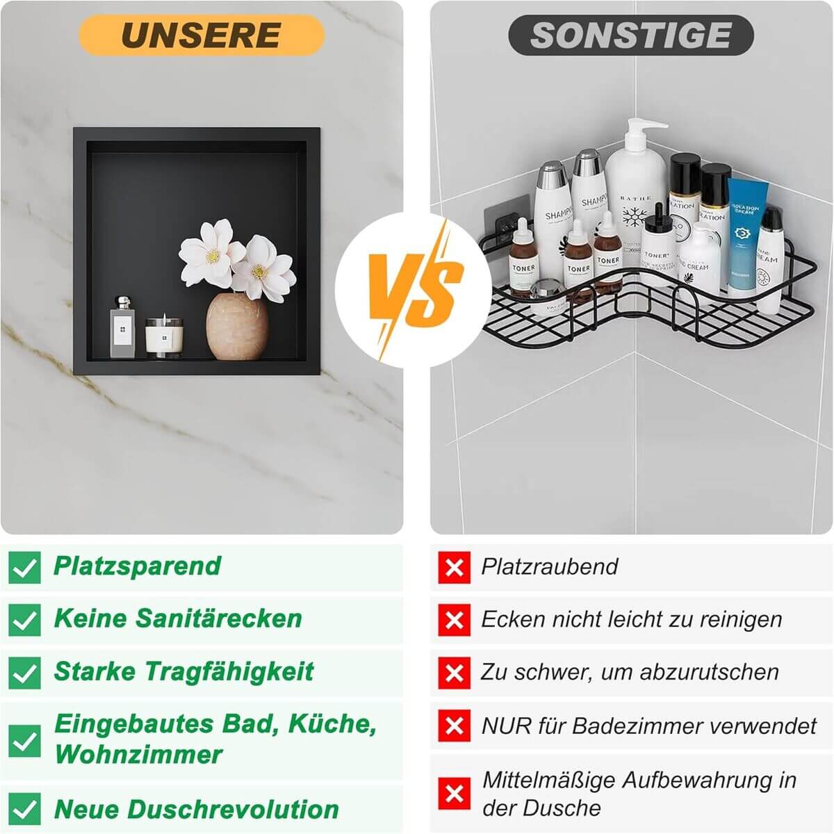 SONNI Wandnische Dusche Edelstahl, eingebettete Duschnische, Einzelregal Lagerung für Badezimmer, Wasserdicht, Keine Fliesen erforderlich Schwarz - Sonni Sanitär GmbH