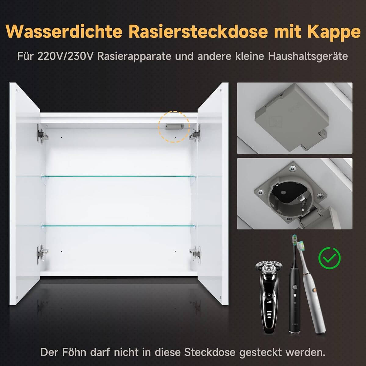 SONNI Spiegelschrank mit Beleuchtung 3 Lichtfarbe Einstellbar und Beschlagfrei 2 Türiger Spiegelschrank mit Kabelloses Scharnier Design und Steckdose