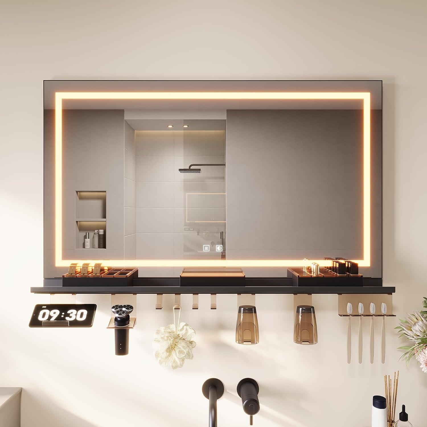 SONNI Badspiegel mit Beleuchtung 100x60cm +  Ablage, Touch Badezimmerspiegel 3 Lichtfarben, Anti-Beschlag & Gedächtnisfunktion