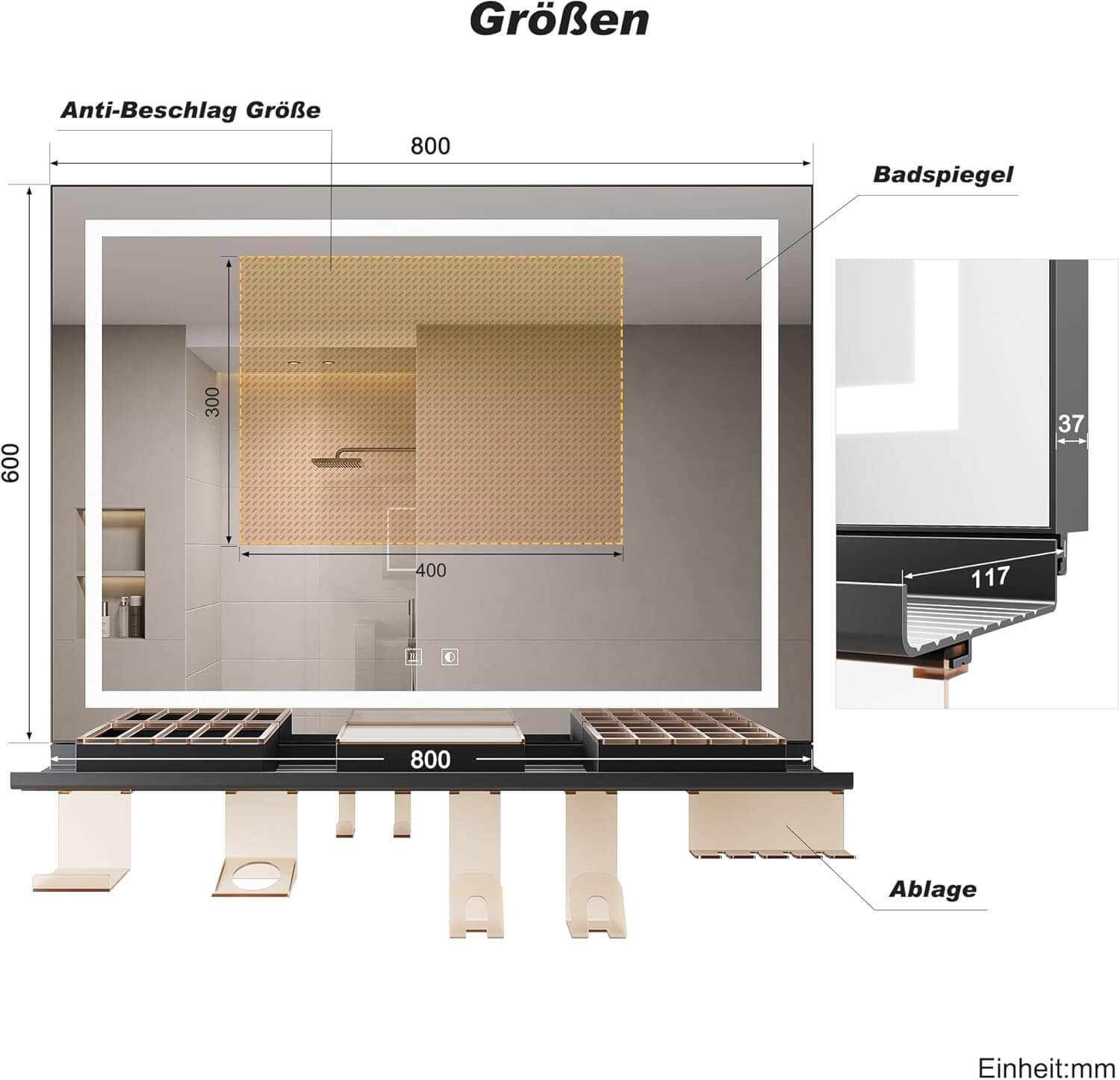 SONNI Badspiegel mit Beleuchtung & Ablage, Touch Badezimmerspiegel 3 Lichtfarben, Anti-Beschlag & Gedächtnisfunktion
