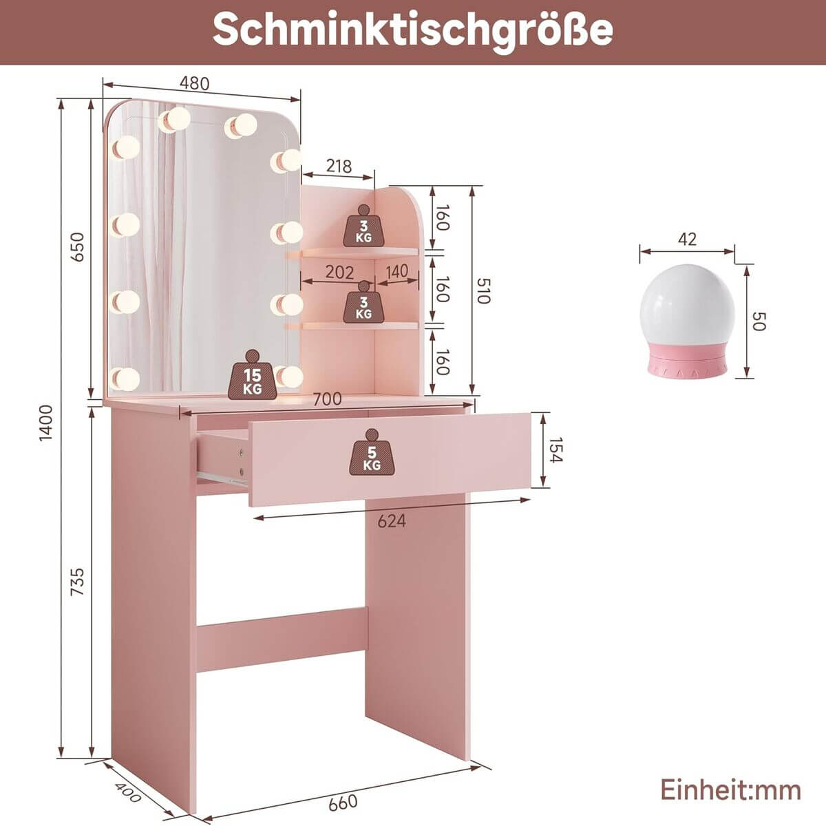 SONNI Schminktisch, Frisiertisch, Kosmetiktisch, mit LED-Beleuchtung Spiegel, a Schubladen und 3 offenen Fächern, 10-Lichtern, 3 Farben, 10 Einstellbarer Helligkeit für Make-up, Rosa, 70x40x140cm