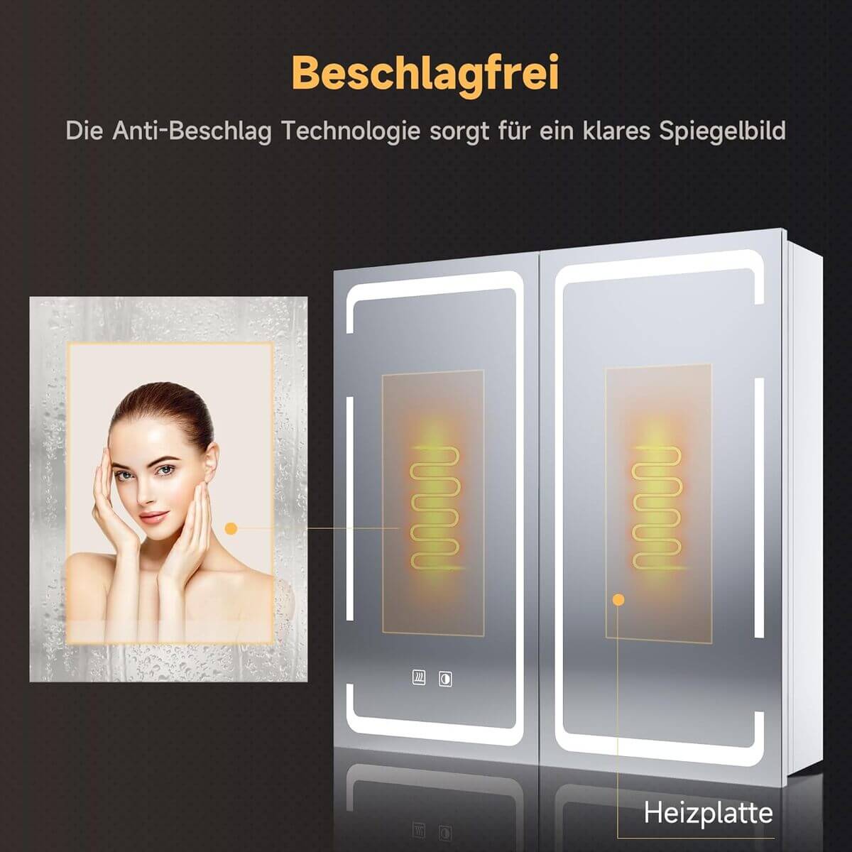 SONNI Spiegelschrank mit Beleuchtung 3 Lichtfarbe Einstellbar und Beschlagfrei 2 Türiger Spiegelschrank mit Kabelloses Scharnier Design und Steckdose