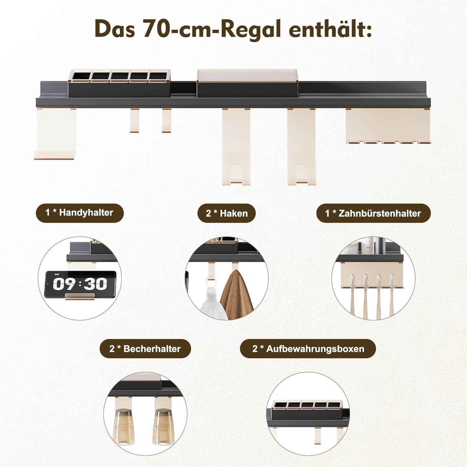 SONNI Badezimmerspiegel mit Beleuchtung 50x70 cm, LED Badspiegel mit Ablage, 3 einstellbare Lichtfarbe + Anti-Beschlag + Touchschalter, Ablage mit Handyhalter + Haken + Zahnbürstenhalter