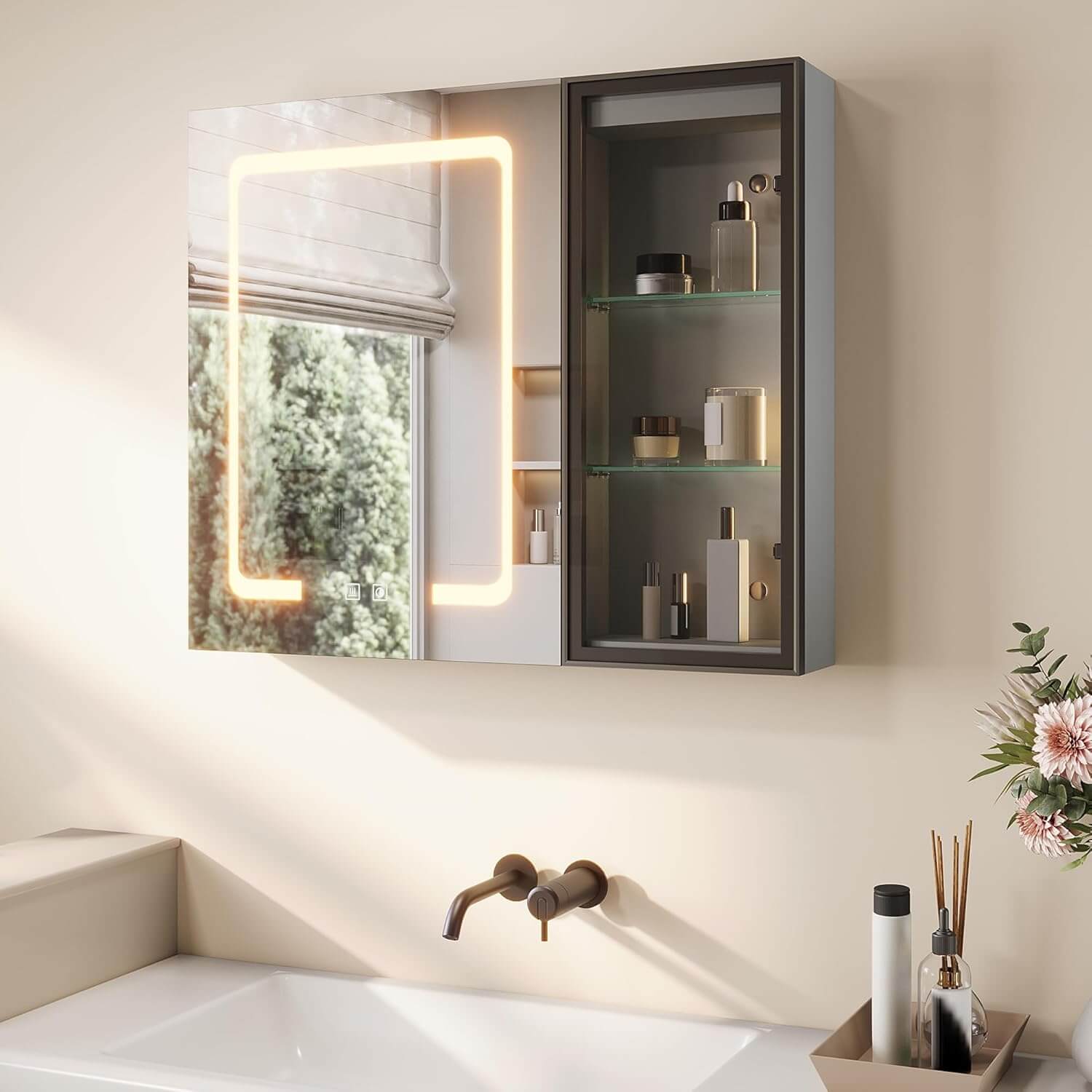 SONNI Spiegelschrank Bad mit Beleuchtung LED Spiegelschrank mit Glasvitrine und Ambientebeleuchtung, Glasboden, Anti-Beschlag, Steckdose, 3 Lichtfarben, Dimmbar, Vollständig Montiert