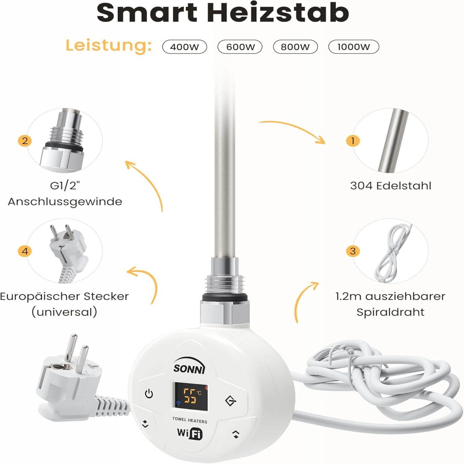 SONNI Smart WIFI elektrischer Heizstab Weiß mit Thermostat Intelleganter Temperaturregelstab für Badheizkörper APP-Steuerung - Sonni Sanitär GmbH
