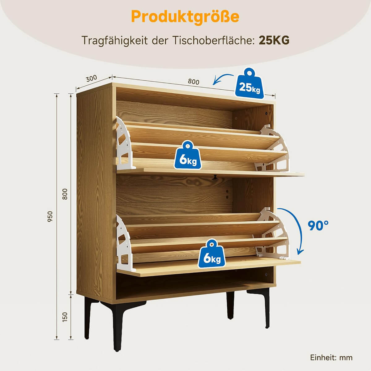 SONNI Schuhschrank, schmales Schuhregal, Schuhkipper, mit 2 Klappen für 24 Paar, Metallbeinen und verstellbarem Regal, Platzsparend, Staubdicht, für Eingangsbereich, Flur, 80x30x95cm, Eichenfarbe