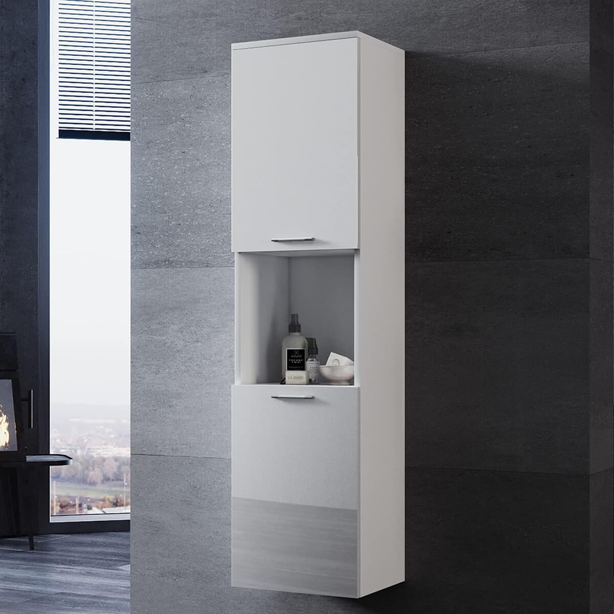 SONNI Badezimmerschrank Hochschrank Badezimmer Hochglanz Weiß mit 5 Ablagen Schmal offenen Zwischenböden 30cm Breit Hängend - Sonni Sanitär GmbH