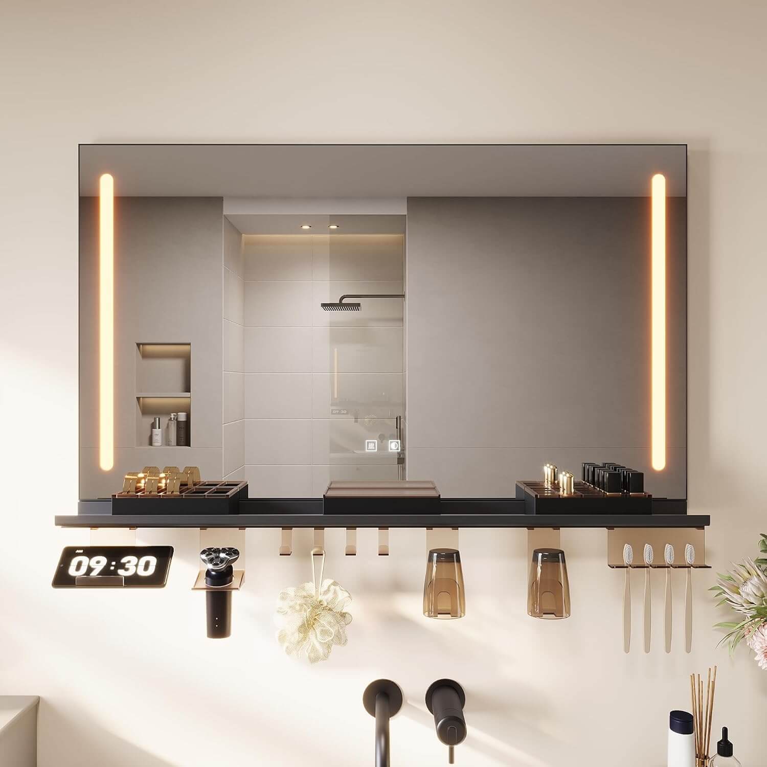 SONNI Badezimmerspiegel mit Beleuchtung 100x60 cm, LED Badspiegel mit Ablage, 3 einstellbare Lichtfarbe, Anti-Beschlag Wandspiegel mit Touchschalter