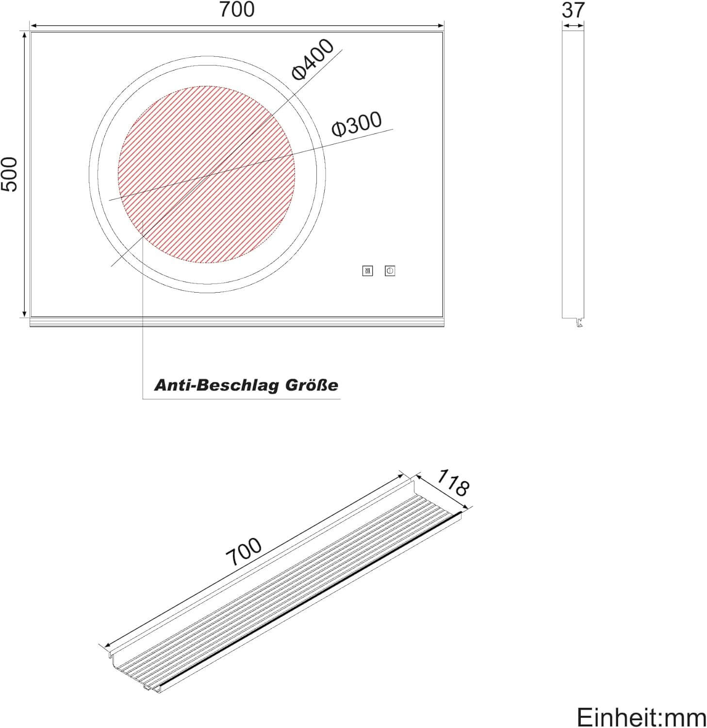 SONNI Badezimmerspiegel mit Beleuchtung 70x50 cm, LED Badspiegel mit Ablage, 3 einstellbare Lichtfarbe + Anti-Beschlag + Touchschalter, Ablage mit Handyhalter + Haken + Zahnbürstenhalter