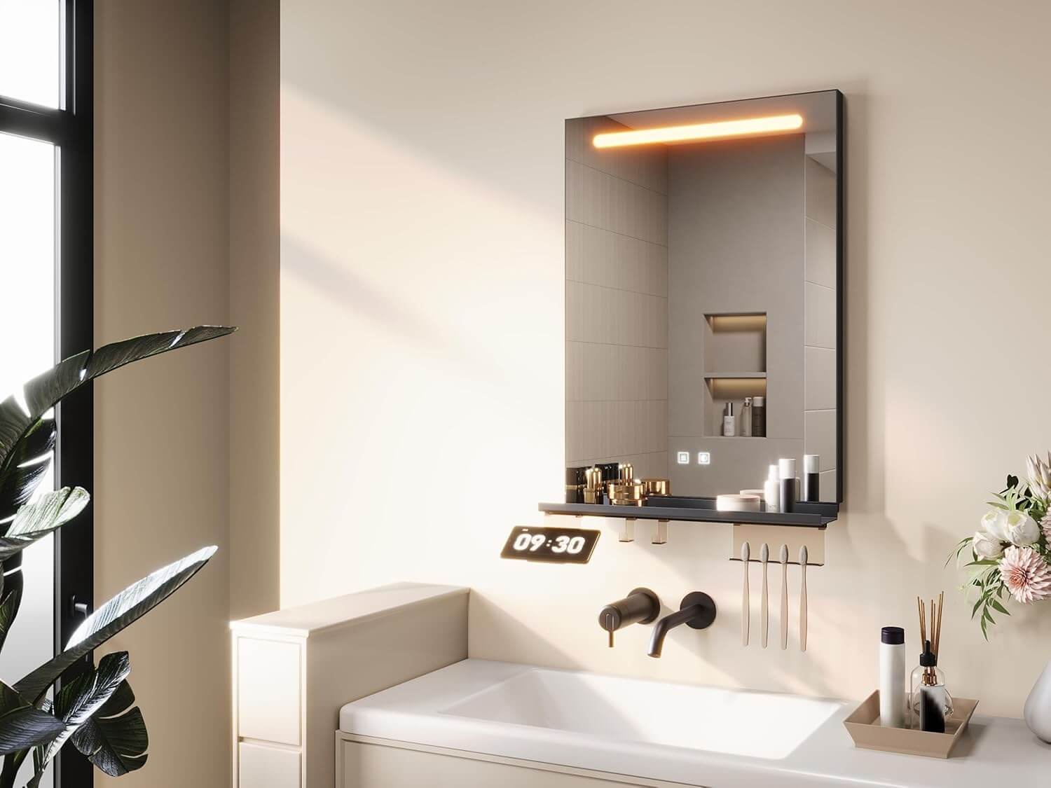 SONNI Badezimmerspiegel mit Beleuchtung 50x70 cm, LED Badspiegel mit Ablag, 3 einstellbare Lichtfarbe, Anti-Beschlag Wandspiegel mit Touchschalter