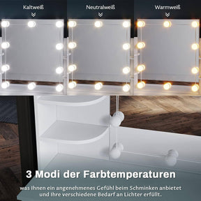 SONNI Schminktisch mit Spiegel und Hocker,4 Ablagen Frisiertisch mit Led Beleuchtung Schubladen 108 x 40 x 140 cm Weiß