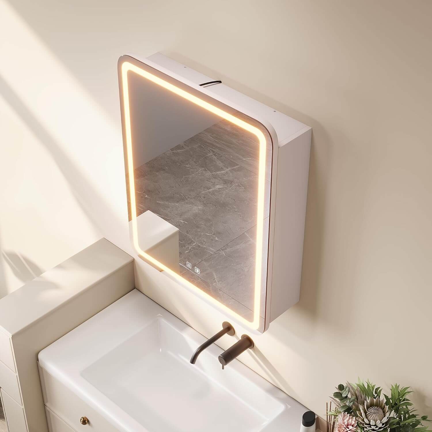 SONNI Spiegelschrank mit Beleuchtung 70x 55 cm, LED Spiegelschrank mit Taschentuch-Durchlass, Steckdose, Anti-Beschlag & 3 Lichtfarben, Dimmbar - Holzschrank Beige, Vollständig Montiert - Sonni Sanitär GmbH