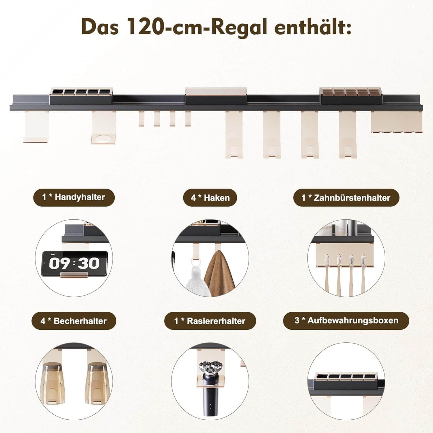 SONNI Badezimmerspiegel mit Beleuchtung 120x60 cm, LED Badspiegel mit Ablage, 3 einstellbare Lichtfarbe + Anti-Beschlag + Touchschalter, Ablage mit Handyhalter + Haken + Zahnbürstenhalte