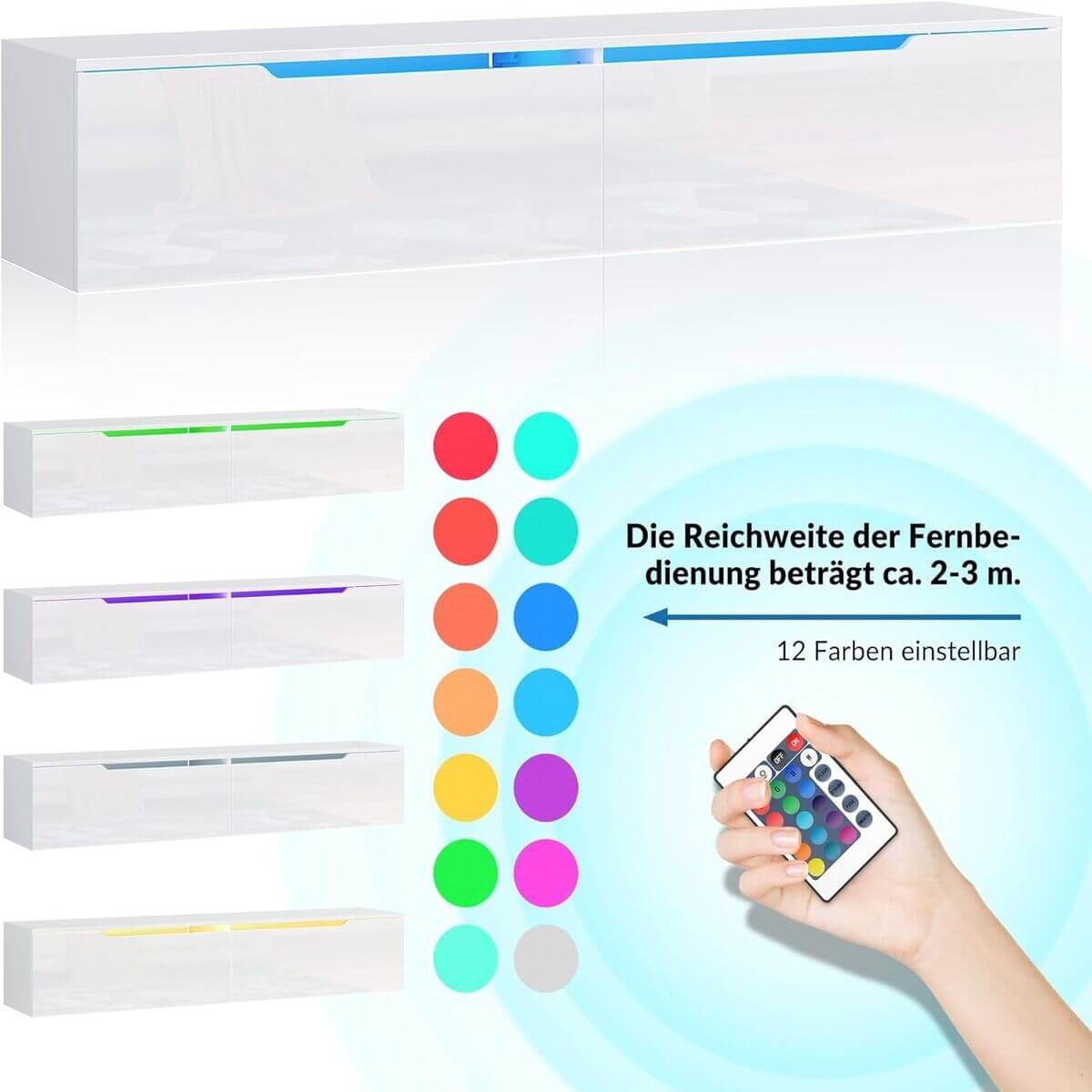 SONNI TV Board Weiss Griffloses Design TV Schrank Hochglanz mit LED Beleuchtung (12 Farben können eingestellt Werden)