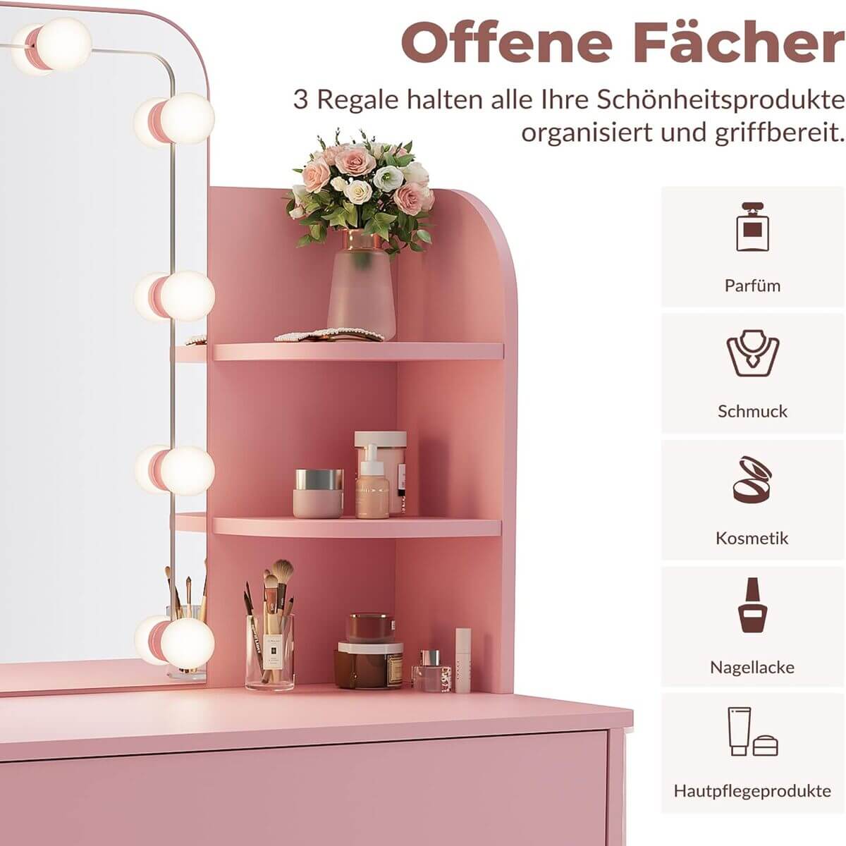 SONNI Schminktisch, Frisiertisch, Kosmetiktisch, mit LED-Beleuchtung Spiegel, a Schubladen und 3 offenen Fächern, 10-Lichtern, 3 Farben, 10 Einstellbarer Helligkeit für Make-up, Rosa, 70x40x140cm